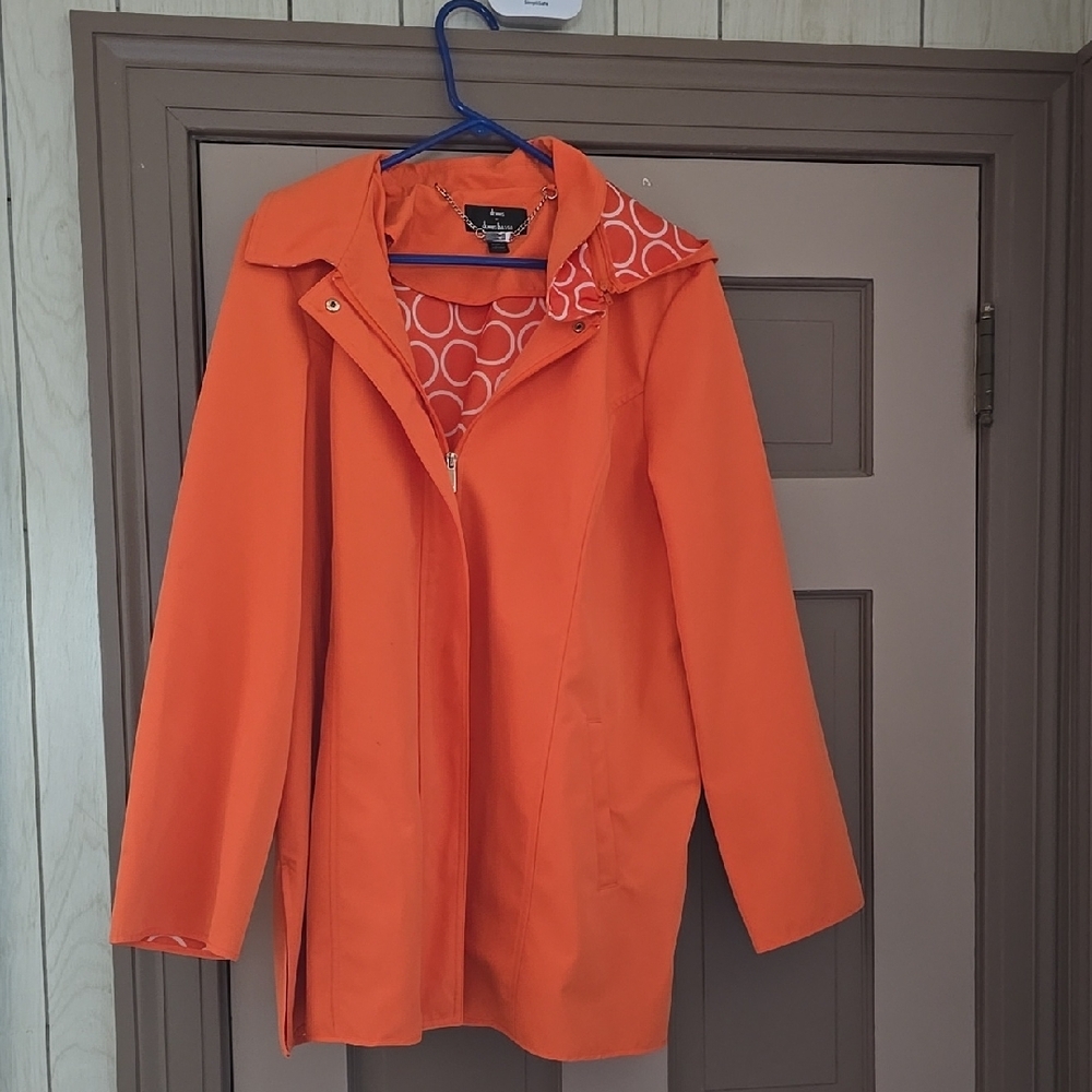 Dennis Basso Orange Rain Coat with Lapel Collar.